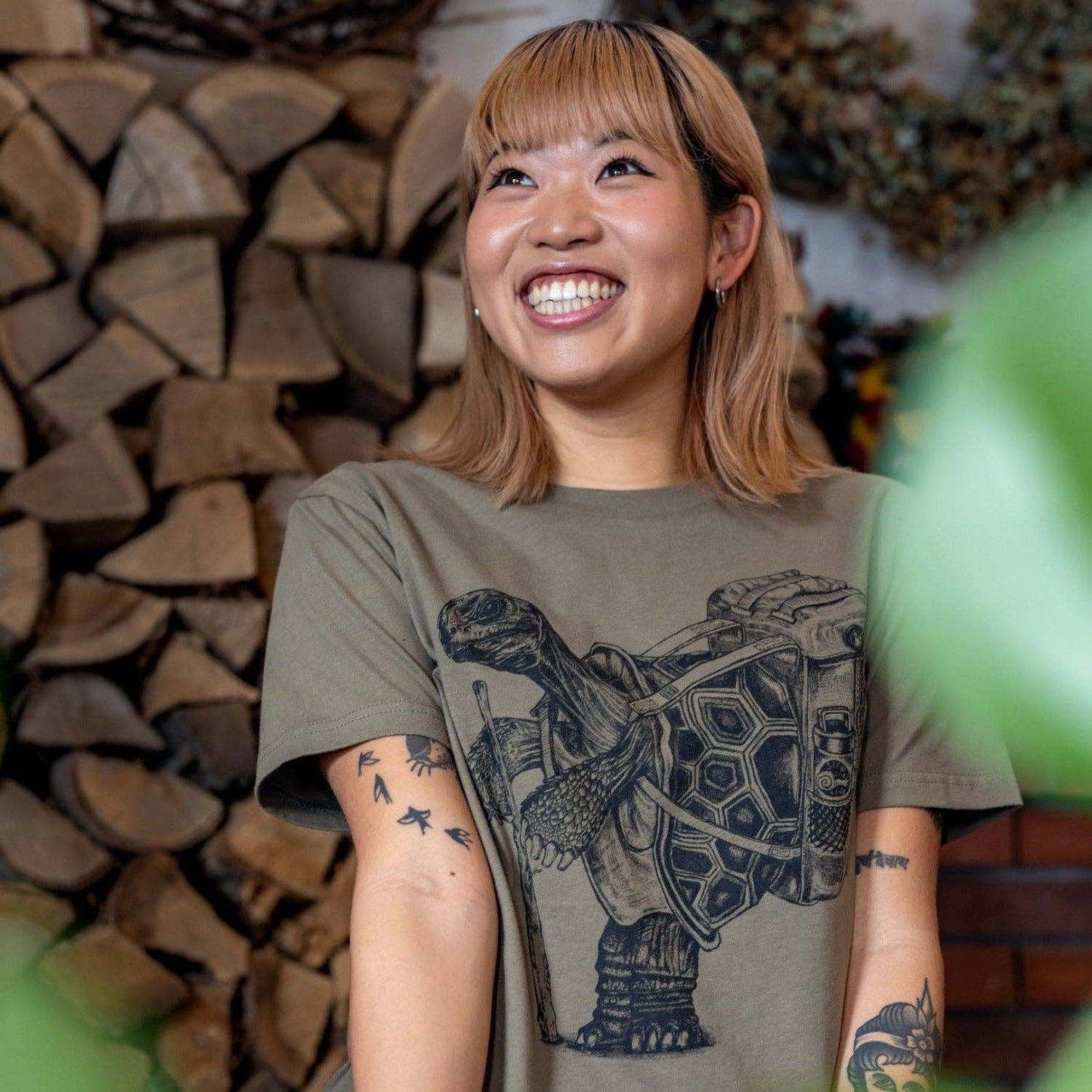 Hiking Tortoise T Shirt: Military Green