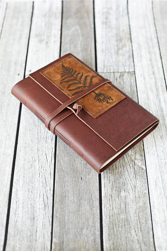 Large Leather Journal with Fern Print: Cream