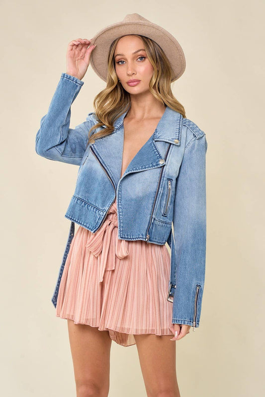 PLUS SIZE STRUCTURED DENIM MOTO JACKET